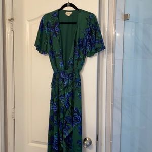 Emerald green and blue floral ruffle maxi wrap dress
